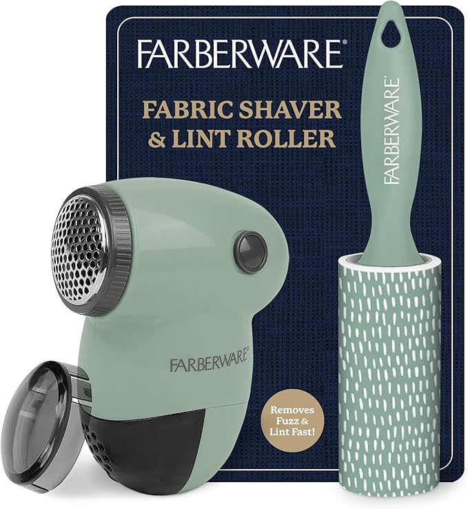 Farberware Fabric Shaver & Lint Remover Set – Battery Operated Sweater Shaver with Triple Blades and Extra Sticky Roller for Pet Hair, Fuzz & Pilling on Clothes, Upholstery & Bedding