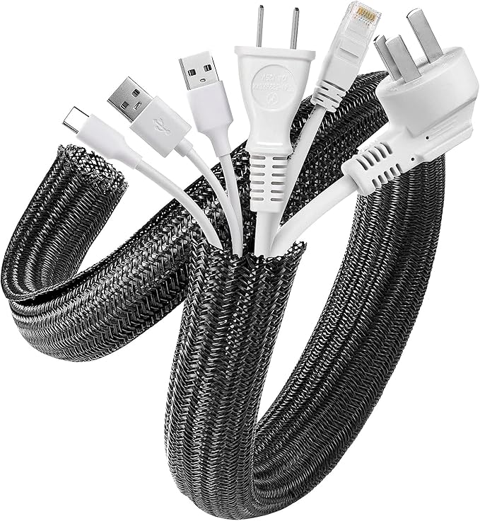 AGPTEK Cable Sleeve Cover, 6.6ft - 1.2 inch Desk Cord Organizer Cable Hider, Home Office Wire Management Computer TV Wire Loom Tubing, Pet Proof Cord Protector, from Cat Dog Chewing, Black