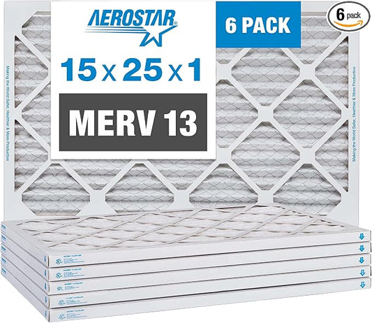 Aerostar 15x25x1 MERV 13 Pleated Air Filter, AC Furnace Air Filter, 6 Pack by AirFiltersDelivered