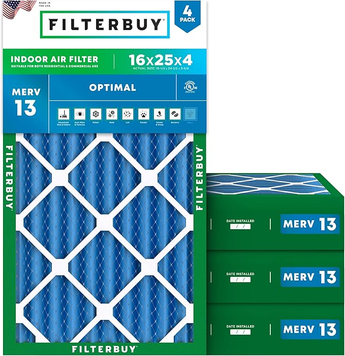 Filterbuy 16x25x4 Air Filter MERV 13 Optimal Smoke & Allergy Defense, by Filterbuy