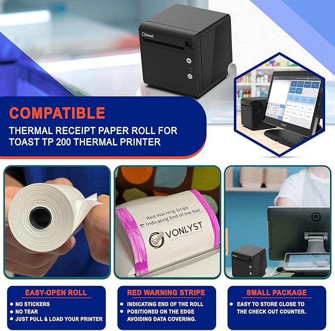 Thermal Printer Paper Roll for Toast TP200 Receipt Printer Point of Sale (24 rolls)