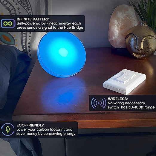 RunLessWire Click for Philips Hue – Battery-Free Wireless Smart Light Switch, 30ft Range – Works Natively with Philips Hue Bridge – Wall Mount Kinetic Switch - Decora Style, Gray