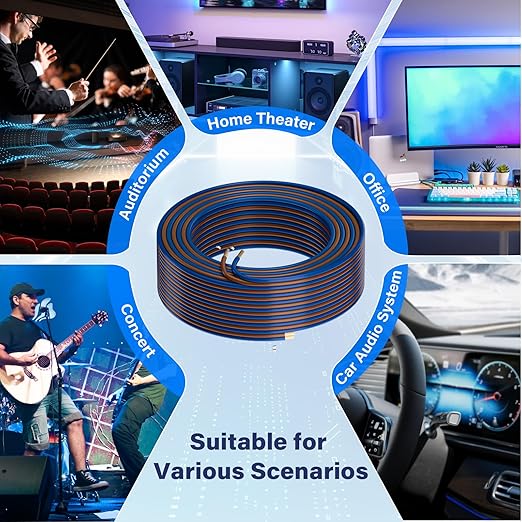 HiFind 16/2 Gauge AWG Car Audio Speaker Wire Cable 50 Ft, Professional Shielded OFC Zipper Wire, Transparent Soft PVC for Automotive Stereo HiFi Home Theater System, Subwoofer, Blue+ Brown