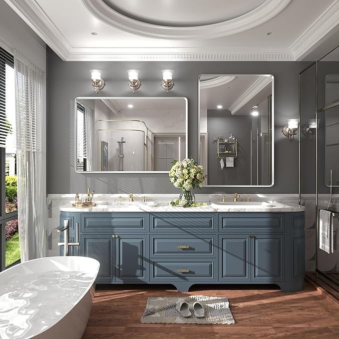 44x30 Inch Silver Framed Mirror, Silver Bathroom Vanity Mirror for Wall, Brushed Nickel, Rounded Rectangle Mirror, Shatterproof, Anti-Rust (Horizontal/Vertical)