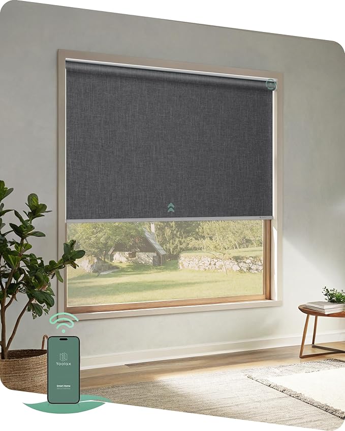 Yoolax Motorized Blinds App Control, Blackout Roller Shades for Windows, Cordless Automatic Shades Roller Window Blinds for Bedroom Living Room Office (Blackout Ashfall Gray, 59" W x 72" H)