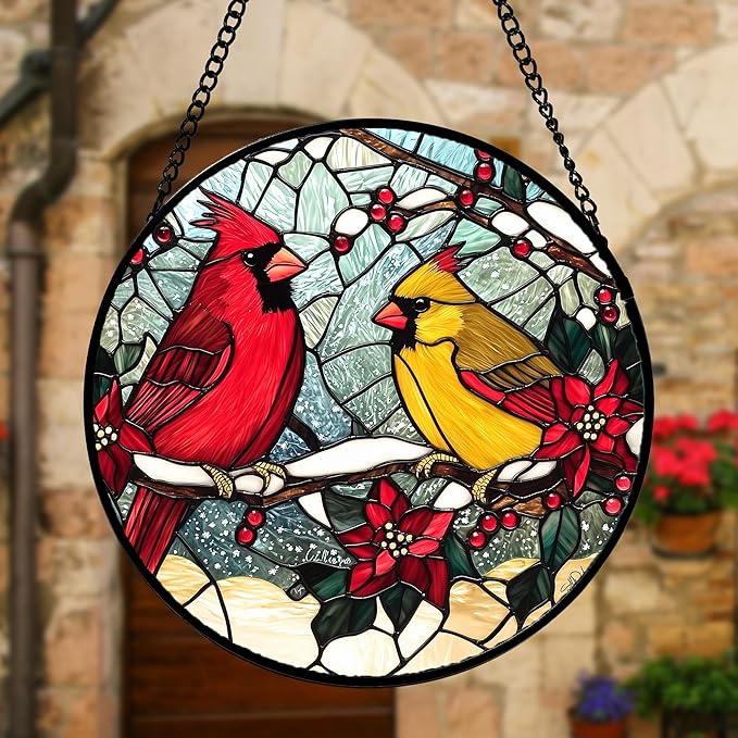 DASTOLL Stained Glass Window Hanging, Love Birds Cardinals Sun Catchers Colorful Glass Panel Birds Suncatcher Decor for Birthday for Women, Men, Wife, Lovers, and Mom 6.3 in