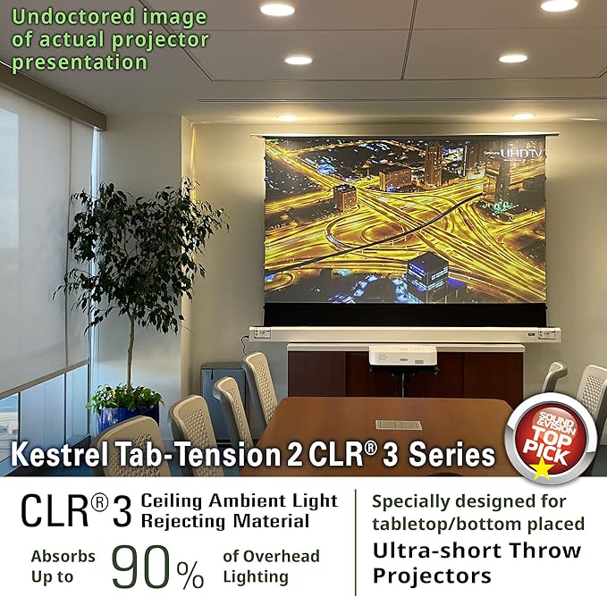Elite Screens Kestrel Tab-Tension 2 CLR3, 121" 16:9, Ultra-Short Throw Ceiling Ambient Light Rejecting (CLR/ALR) Electric Floor-Rising Motorized Front Projector Screen, Black Casing, FTE121UH3-CLR3