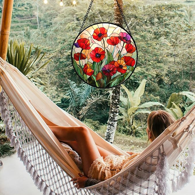 CRISGIF Stained Glass Window Hanging - Poppy Birth Flowers Suncatcher for Door Garden Yard Wildflowers Sun Catchers Decor Christmas Mother's Day Birthday Gifts for Women Mom Nana Friend 11.8 in