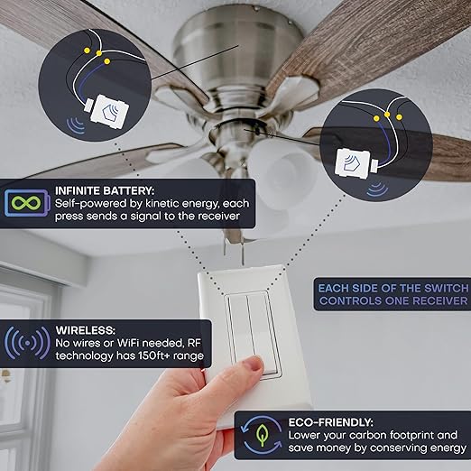 RunLessWire 3-Way Fan & Light Battery-Free DIY Kinetic Wireless Light Switch Kit for Bathrooms & Ceiling Fans: 2 Dual Remote Switches, Both Control 2 5A On/Off Receivers Separately – Light Almond