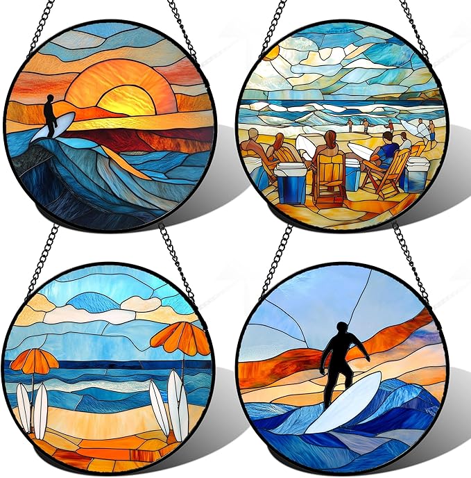 AMDERVEN Stained Glass Window Hanging 4 Pcs Set Blue Ocean Surfing Beach Large 11.8" - Suncatcher Door Garden Sun Catcher Decor Birthday Mother's Day for Firefighte Men Woman Nana Mom