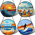 AMDERVEN Stained Glass Window Hanging 4 Pcs Set Blue Ocean Surfing Beach Large 15" - Suncatcher Door Garden Sun Catcher Decor Birthday Mother's Day for Firefighte Men Woman Nana Mom