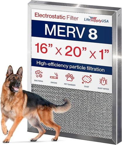 16x20x1 Electrostatic Air Filter, MERV 8, Reusable Furnace AC/HVAC Filter by LifeSupplyUSA