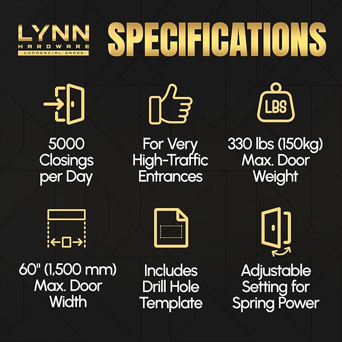 LYNN HARDWARE Extra Heavy Duty Automatic Door Closer (Matte Black) - Commercial Grade, Contractors Choice, Adjustable Speed, Delayed Closing Timer, 3 Mounting Options, 3 Hour Fire Rated (DC9016 Model)