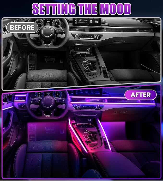 KENANEK 175’’ Acrylic Car Ambient Lighting Kit – 6 RGB LED Light Strips, APP/Remote/Control Box, Music Sync, Dual USB Cigarette Lighter, Universal Fit for Car/SUV/Truck