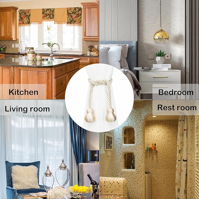 Nieffeiy Magnetic Curtain Tiebacks Outdoor Curtain Tie Backs Rope Decorative Magnetic Curtain Holders for Drapes Window Treatment Holdbacks, Beige 2Pack