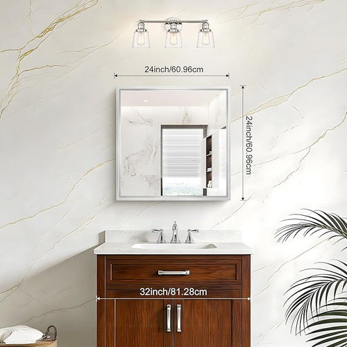 24 x 24 Silver Bathroom Mirror, Brushed Silver Square Mirror for Wall, 0.6" Thickened Deep Frame Mirrors for Bathroom Sink, Shatterproof Tempered Glass, Antirust, Horizontally or Vertically