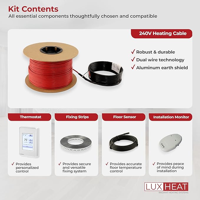 LuxHeat 60sqft Floor Heating Cable Kit - 240v Tile Floor Heating Kit - Heated Flooring System Includes UDG4 Programmable Thermostat w/GFCI, Heated Cable, Strapping, Flooring Sensor & Alarm