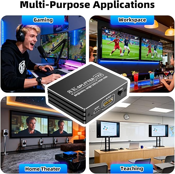 HDMI 2.1 Splitter 1 in 2 Out 4K 120Hz with 8K HDMI Cable and Power Adapter, BolAAzuL 8K 60Hz 1x2 HDMI Y Splitter with Audio Out for Dual Monitors Duplicate, Support HDCP 2.3 HDR for PS5/Xbox/PC/TV