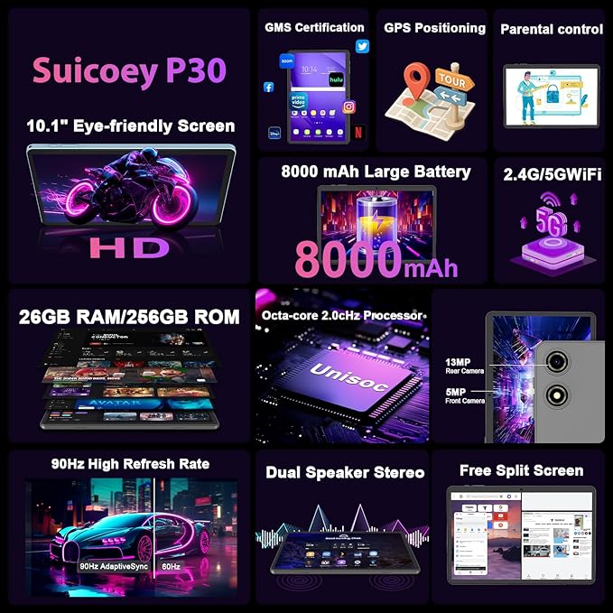 VisuPad 2026 Android 15 Tablet with Keyboard, 26GB+256GB+2TB Expand, 10 Inch 2 in 1 Tablet with Gemini AI, 8000mAh, 2.4G/5G WiFi, BT5.0, Widevine L1, Tablets Pc with Case, Mouse, Stylus (Silver Case)