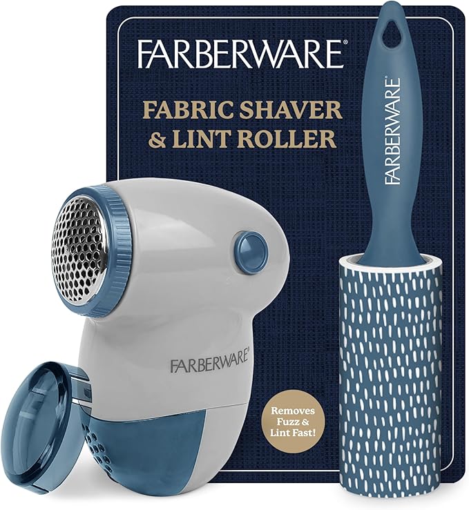 Farberware Fabric Shaver & Lint Remover Set – Battery Operated Sweater Shaver with Triple Blades and Extra Sticky Roller for Pet Hair, Fuzz & Pilling on Clothes, Upholstery & Bedding