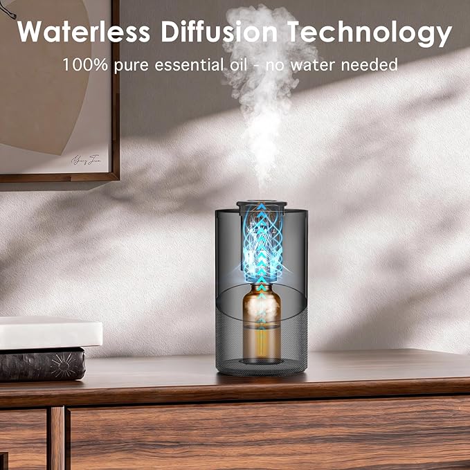 Waterless Essential Oil Diffuser for Home (Aluminum Alloy & Fabric) - Cordless Car Scent diffuser with 3 Timer & 3 Mist Levels - 2000mAh Battery Operated Scent Air Machine for Room Office Hotel, Black