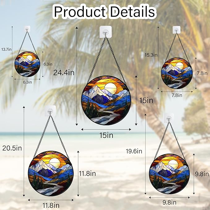 AMDERVEN Stained Glass Window Hanging, Yellow Blue Sunset Mountains Scenery Sun Catcher for Window Home Decor Landscape Suncatcher Mother's Day Birthday Gifts for Women Men Mom and Nana 6.3 in