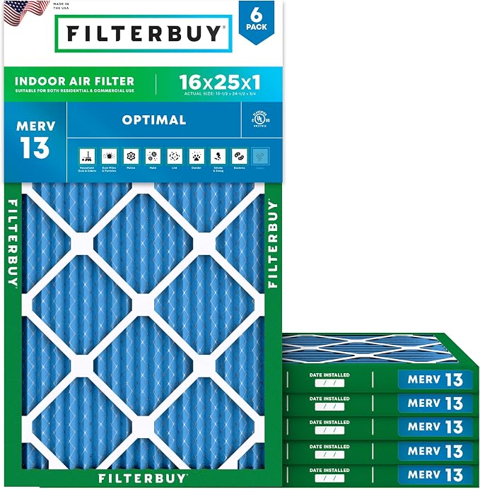 Filterbuy 16x25x1 Air Filter MERV 13 Optimal Smoke & Allergy Defense, by Filterbuy