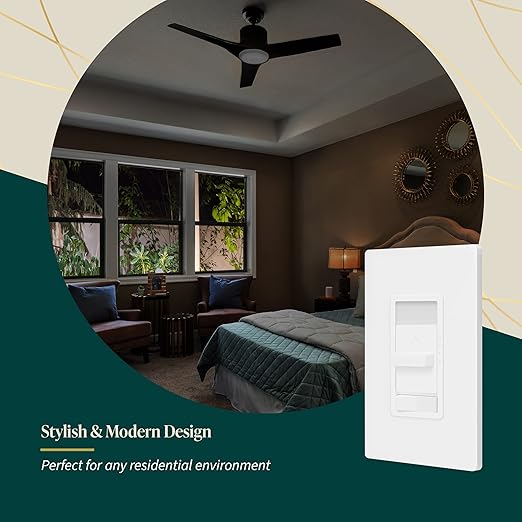 TOPGREENER Kalide Light Switch and 3-Speed Ceiling Fan Control Combo, in Wall Light and Fan Combination Switch, Single Pole, 2.5A, 720W, Neutral Wire Not Required, TGSFS3-W, White