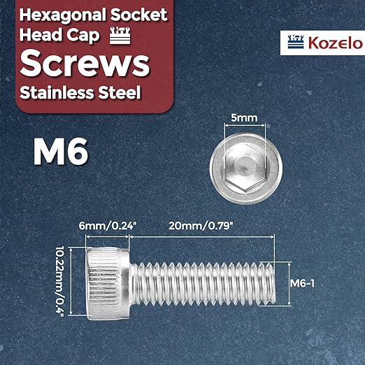 Kozelo 20pcs Socket Head Cap Screws - [M6-1 x 20mm] 304 Stainless Steel Allen Socket Drive for Electrical Motor 3D Printing Fan Engine Replacement Use, Silver