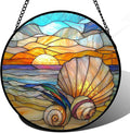 AMDERVEN Stained Glass Window Hanging - Colorful Beach Shells Conch Sun Catcher for Door Home Decor Ocean Suncatcher Christmas Mother's Day Birthday Sea Lover Gifts for Women Men Mom Nana 6.3 in