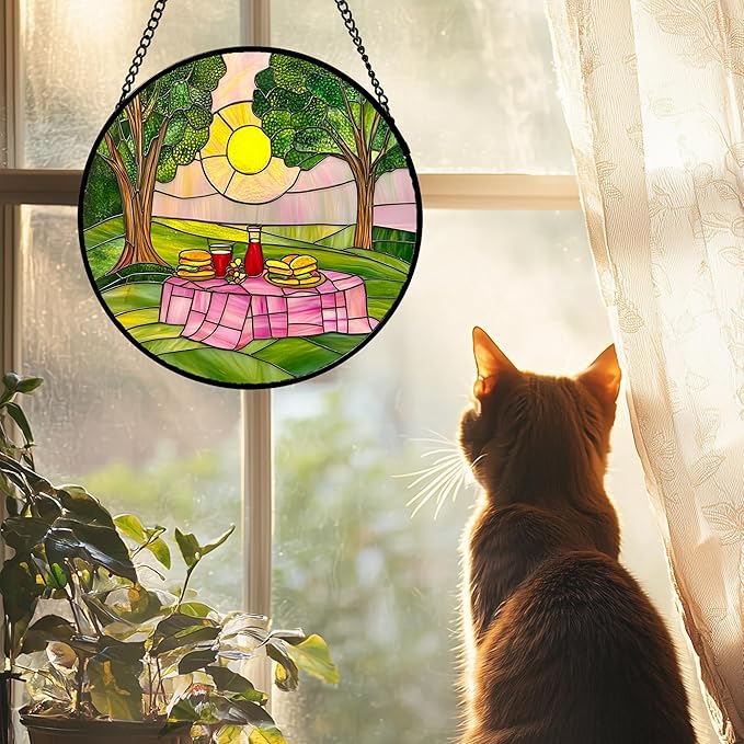 AMDERVEN Stained Glass Window Hanging 4 Pcs Set Pink Green Spring Saplings Flowers Large 15" - Suncatcher Door Garden Sun Catcher Home Decor Mother's Day for Woman Nana Mom Men