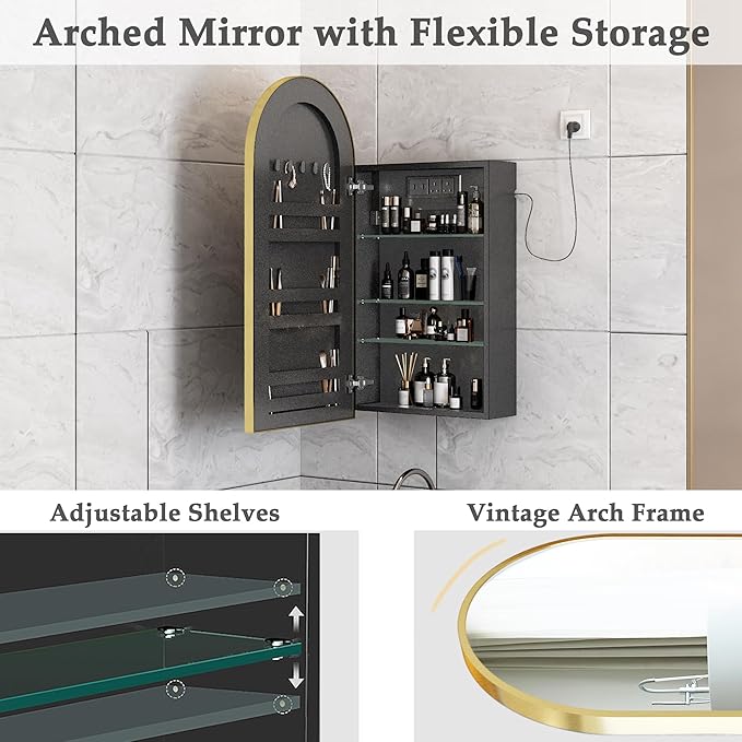 Gold Arched Bathroom Cabinet with Outlet,20 x 34 Inch Arched Medicine Cabinet with Mirror,Bathroom Mirrors for Over Sink with Storage,Surface Mounted Medicine Cabinet with Adjustable Shelf