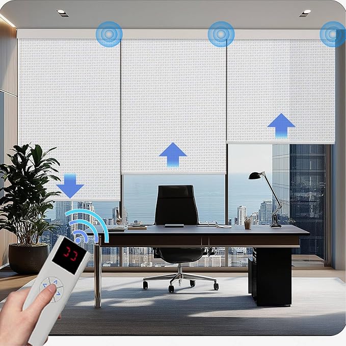 COOLWINDS Motorized Blinds with Remote Cordless Automatic Motorized Shades Custom Blinds for Windows Smart Curtains Compatible with Alexa Google Home(Solar White,W44 x H72in)