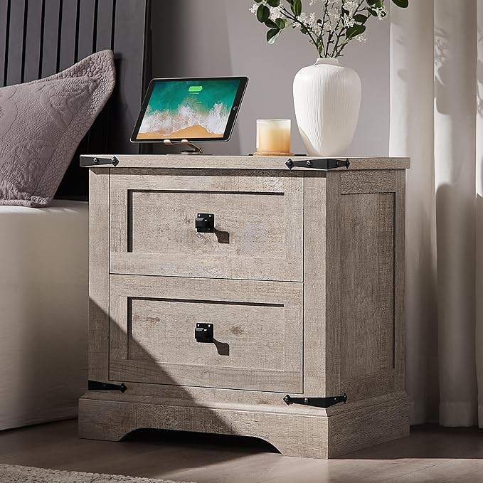 T4TREAM 24" Farmhouse Nightstand with Charging Station, Large End Table with 2 Storage Drawers, Rustic Wood Sofa Bedside Table for Bedroom, Light Rustic Oak