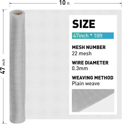 304 Stainless Steel Mesh Window Screen Roll, 47IN x 10FT Silver Metal Window - Image 3