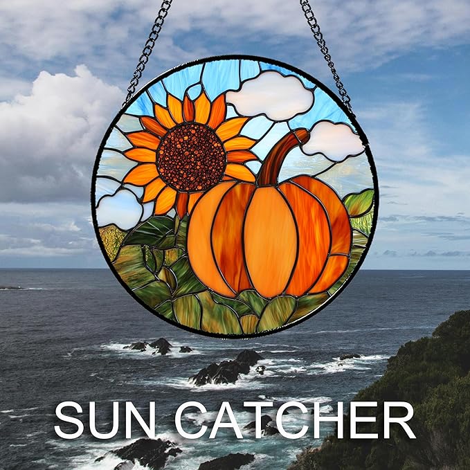 DASTOLL Stained Glass Window Hanging Fall Farm Scenery Sunflower Pumpkin 9.8" - Suncatcher Door Garden Kitchen Sunroom Sun Catcher Home Decor Birthday for Mom Grandma Men Woman
