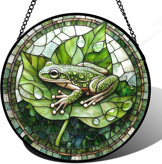 CRISGIF Stained Glass Window Hanging - Cute Frog Suncatcher for Doors Garden Patio Green Leaves Sun Catchers Decor Christmas Mother's Day Birthday Gifts for Women Men Mom Nana Boy Friend 9.8 in