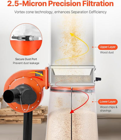 VEVOR Dust Collector, 800 CFM 2.5 Micron Vortex Cone Dust Collectors, 1HP - Image 3