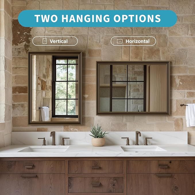 Retro Copper Effect Framed Wall Mirror, 36x40 Rectangle Mirror, Anti-desilvering Tempered Glass, Sustainable&Sturdy Frame, Anti-Rust, HD Reflection &3min Fast Setup for Bathroom Living Room