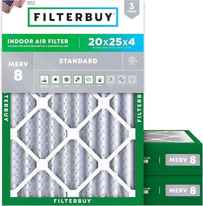 Filterbuy 20x25x4 Air Filter MERV 8 Essential Dust & Allergy Defense, by Filterbuy