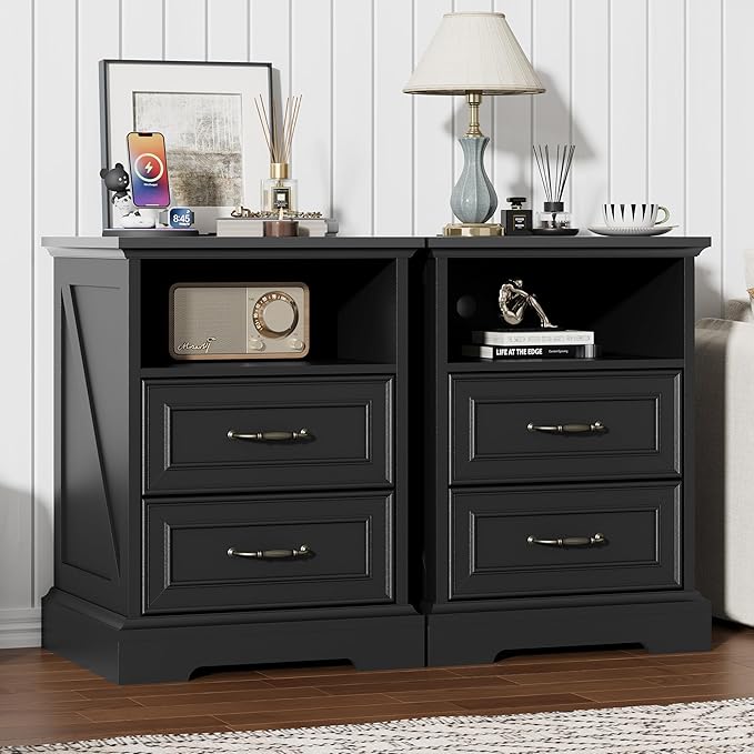 Nightstand with Charging Station,18" Wide End Table with 2 Large Drawers & Metal Handles,Rustic Farmhouse Wood Small Dresser,Bedside Table,Modern Chest of Drawers for Bedroom,Living Room,Black