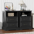 Nightstand with Charging Station Set of 2,18" Wide End Table with 2 Large Drawers & Metal Handles,Farmhouse Wood Small Dresser,Bedside Table,Modern Chest of Drawers for Bedroom,Living Room,Black