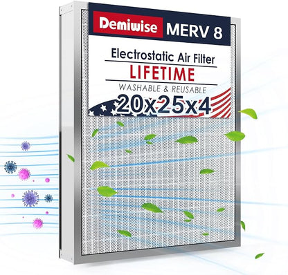 20x25x4 Washable Electrostatic Air Filter, MERV 8 Aluminum AC/HVAC Furnace by Demiwise