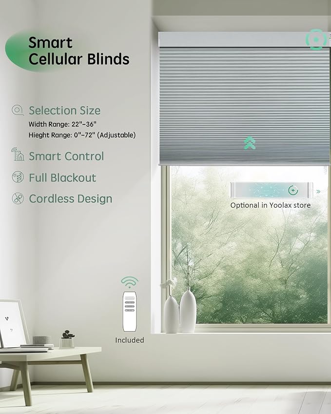 Yoolax Smart Blinds, Motorized Cellular Shades Compatible with Alexa, Blackout Electric Blinds with Remote for Indoor Windows, Automatic Energy Saving Honeycomb Shades, White, 35" W x 72" H