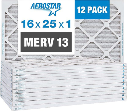 Aerostar 16x25x1 MERV 13 Pleated Air Filter, AC Furnace Air Filter, 12 Pack by AirFiltersDelivered