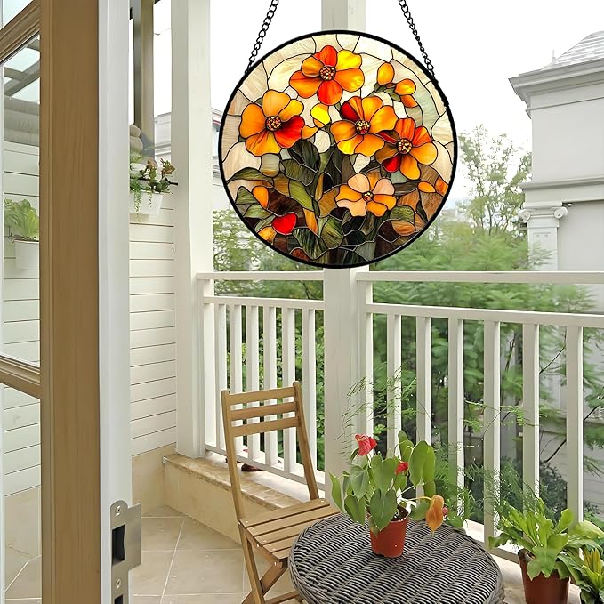 CRISGIF Stained Glass Window Hanging - Orange Marigolds Flowers Suncatcher for Door Garden Yard Sun Catchers Decor Christmas Mother's Day Birthday Gifts for Women Mom Nana Girlfriend Men 11.8 in