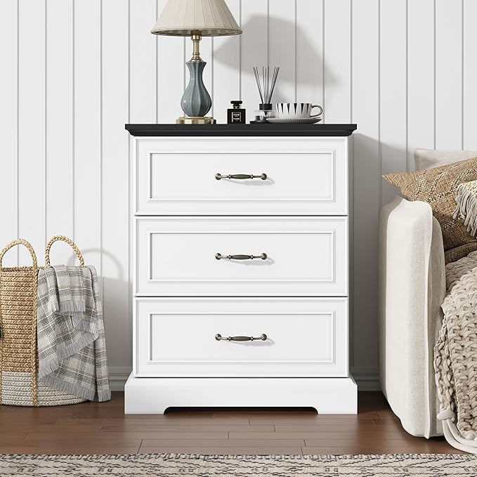 Nightstand Set of 2,24" Wide End Table with 3 Large Drawers & Metal Handles,Rustic Farmhouse Wood Small Dresser,Bedside Table,Modern Chest of Drawers for Bedroom,Living Room,White