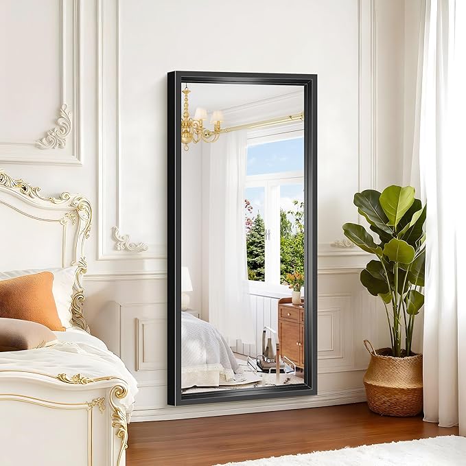 Black Bathroom Mirror, 28x60 Inch Large Rectangle Mirror, 0.6" Thickened Deep Frame Mirrors for Wall Over Sink, Shatterproof Tempered Glass, Brushed, Antirust, Horizontally or Vertically