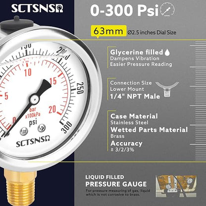 2-1/2" Dial Size, 0-300 Psi Pressure Gauge, Glycerin Liquid Filled, 1/4" NPT - Image 2