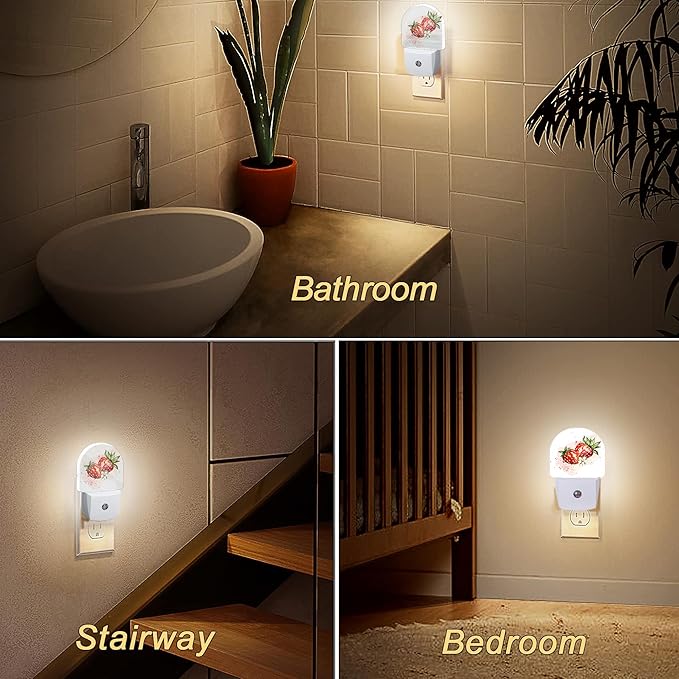 YESPOAK Night Light,Strawberry Berry Flower Night Lights Plug Into Wall Dusk to Dawn Sensor for Bedroom,Bathroom and Living Room for Women/Girls Gifts